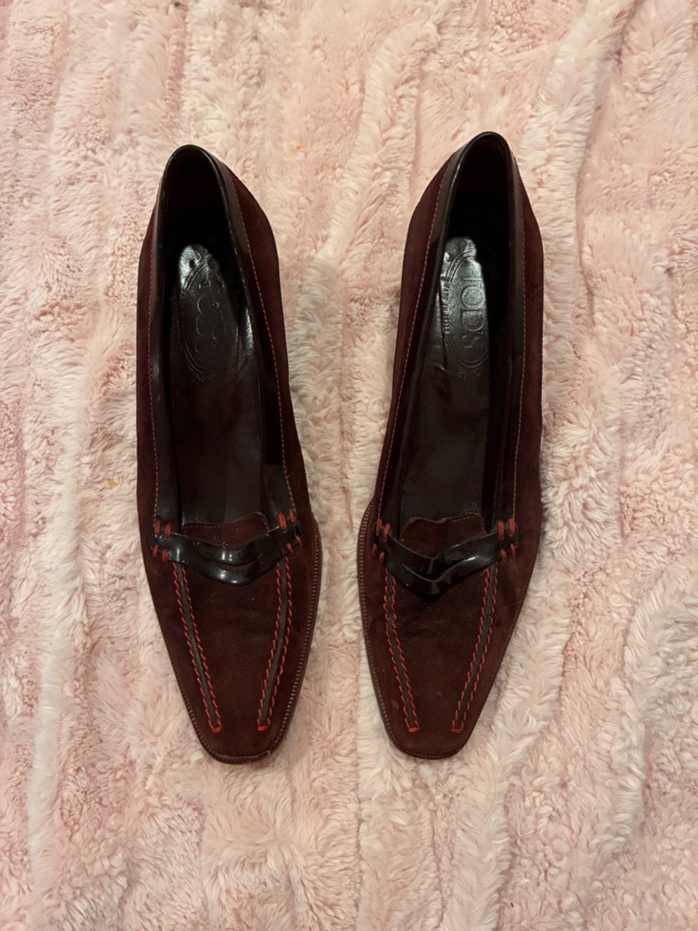 Women's Burgundy Suede Loafers with Contrast Red Stitching